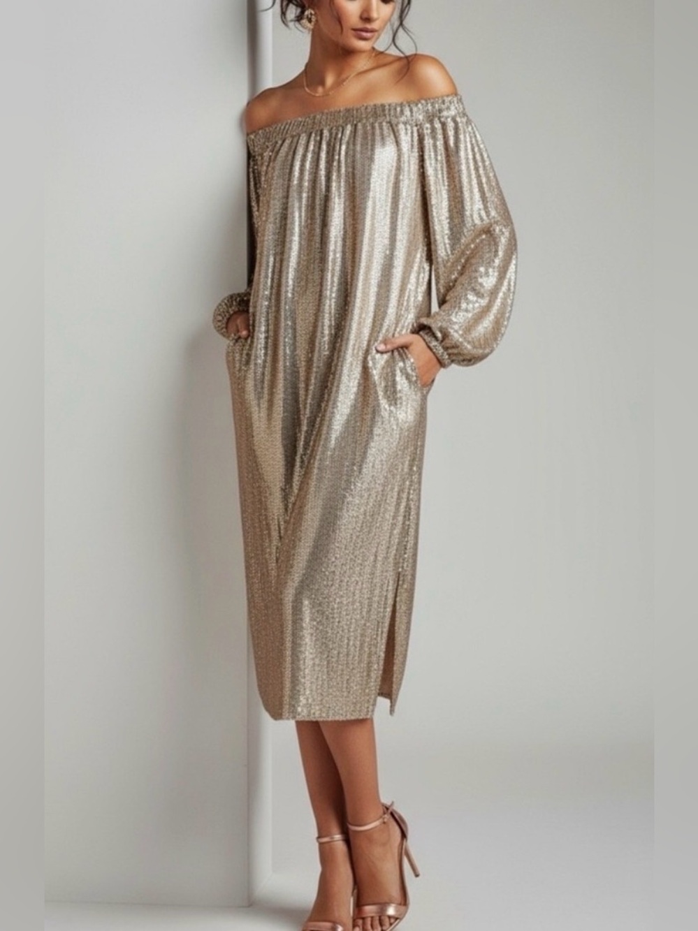 Anthropologie Mare Mare Gold Calliope Off Shoulder Sequin Midi Dress XS Pockets